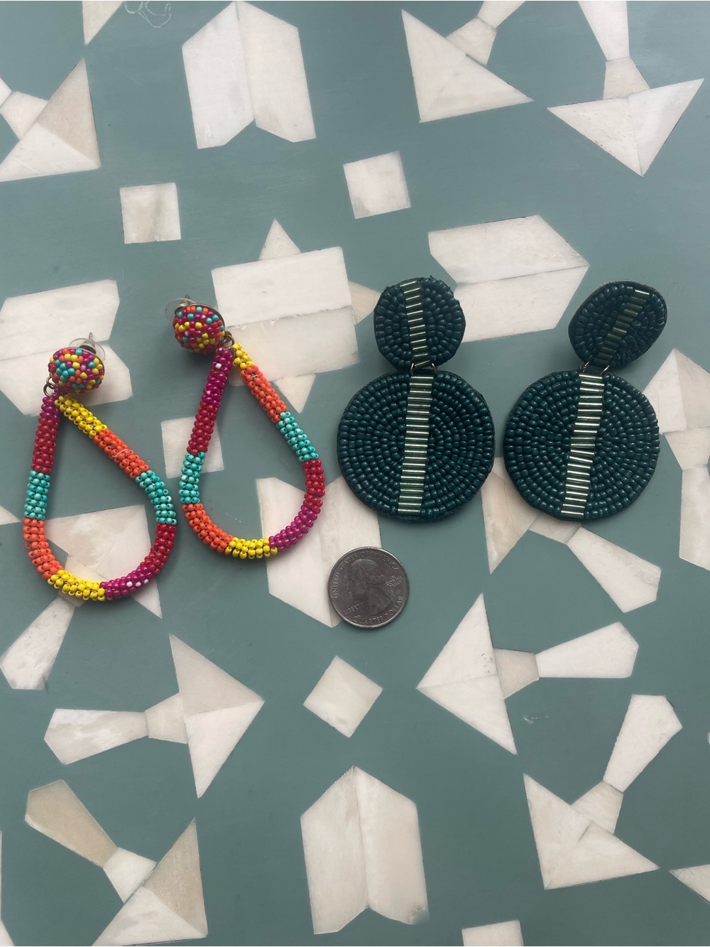 Beaded Hoop Drop Earrings Multicolor & Teal  circle Set